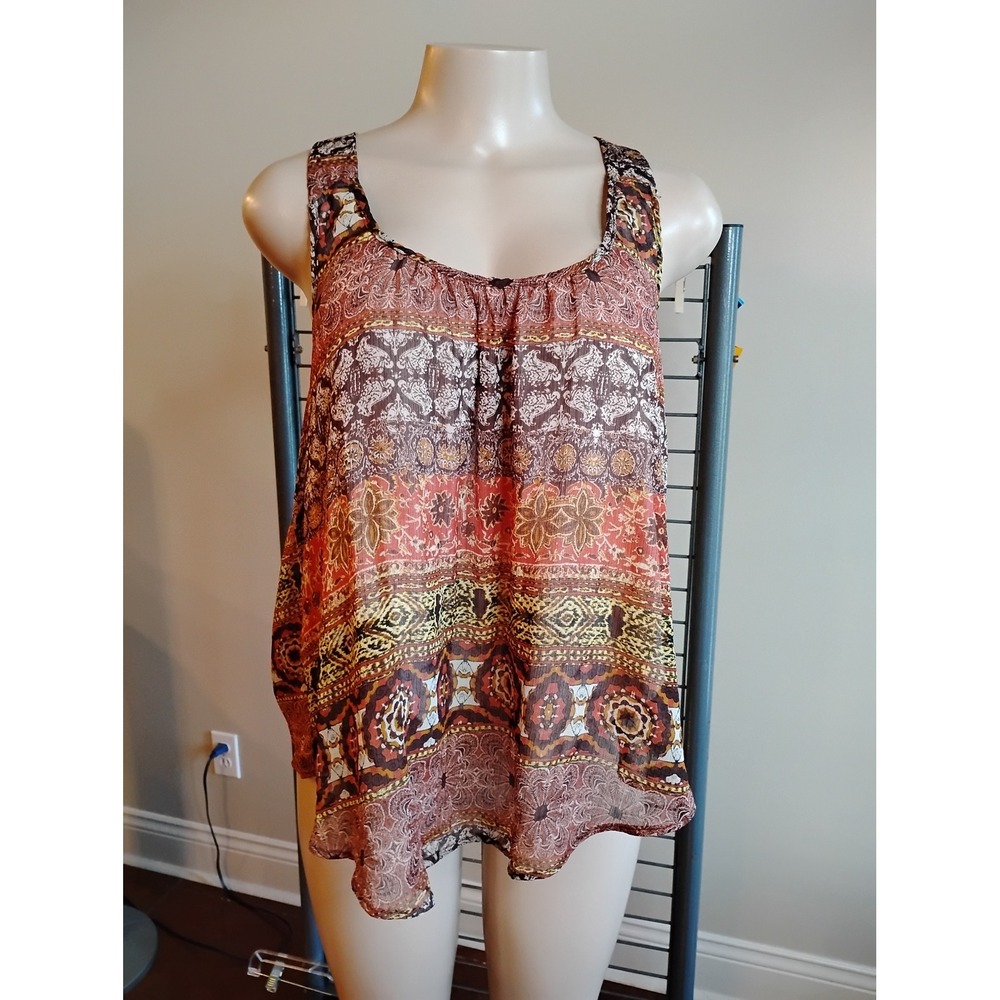 Ambiance XL Boho Paisley Floral Racerback Chiffon Tank Top Brown Orange 63026-15